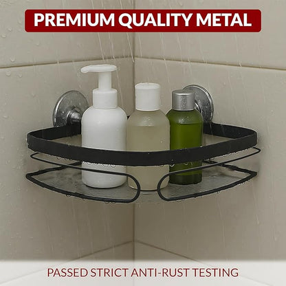 2-Pack Corner Shower Caddy – Rust-Resistant Wall-Mounted Bathroom Organizer with Included No-Drill Adhesives for Shampoo, Soap & Toiletries - Black (1-Layer, Triangle)