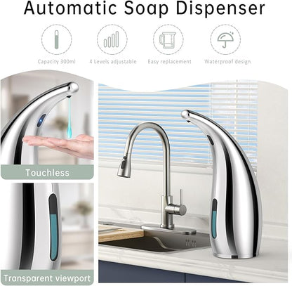 Automatic Liquid Soap Dispenser,300ML Touchless 4 Gear Adjustable,Countertop Electric Battery Operated Hand Soap Dispenser with Sensor for Bathroom,Kitchen,Office（Silver）