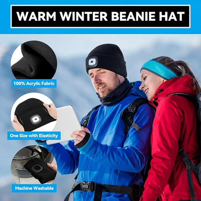Christmas Stocking Stuffers for Men Adults, Beanie Hats with Light, USB Rechargeable LED Hand Free Headlamp, Birthday Gifts for Men, Women, and Teens, Ideal for Camping, Hiking, Black