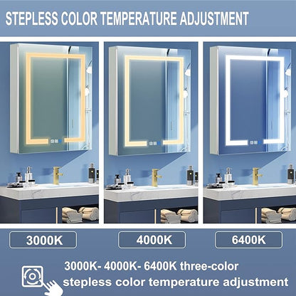 GroGro LED Lighted Bathroom Medicine Cabinet with Mirror,24" W x 30" H Medicine Cabinet with Lights,Surface or Recessed Mounting,Defog,Dimming,3-Color Temperature Adjustment