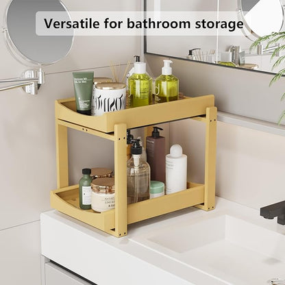 Bamboo Under Sink Organizer Adjustable Height 2 Tier Bathroom Organizer Pull Out Cabinet Storage Kitchen Heave Duty Wood Slide Ou Shelf for Kitchen Bathroom (Nature, 1 Pack)