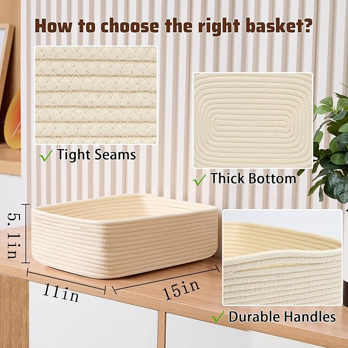 Large Shallow Organizing Baskets 15x11x5.1 Inches - Rope Woven Storage Bins for Bathroom, Shelves, Cube Closet, Beige 4 Packs