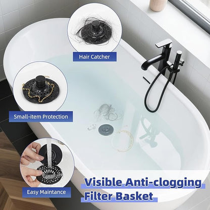 Universal Bathtub Drain Stopper Shower Drain Hair Catcher, Tub Stopper with Visible Top Strainer, Upgraded 3 in 1 Pop-up Drain Plug Fit for 1.5 to 2.4" Hole, Stainless Steel Filter Basket, Matte Black