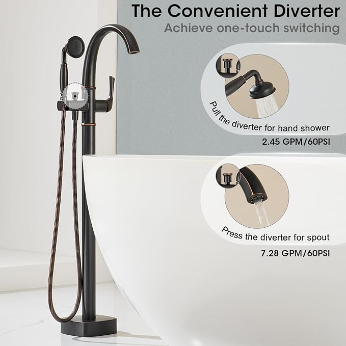 Free Standing Tub Faucet, Jabbol Premium Brass Luxury Freestanding Bathtub Faucet, Bathroom Floor Mount Tub Filler with Handheld Sprayer, Classic Roman Tub Faucets Oil Rubbed Bronze (JB-8811ORB)