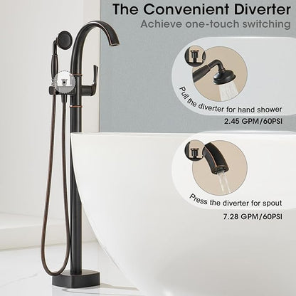 Free Standing Tub Faucet, Jabbol Premium Brass Luxury Freestanding Bathtub Faucet, Bathroom Floor Mount Tub Filler with Handheld Sprayer, Classic Roman Tub Faucets Oil Rubbed Bronze (JB-8811ORB)