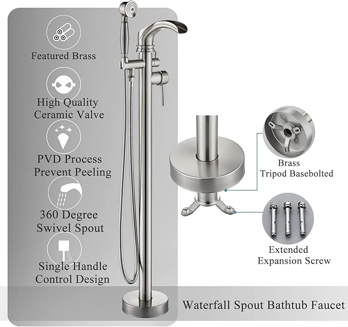 Senlesen Brushed Nickel Bathroom Single Handle Freestanding Bathtub Faucet Floor Mounted Waterfall Tub Filler with Hand Shower Set