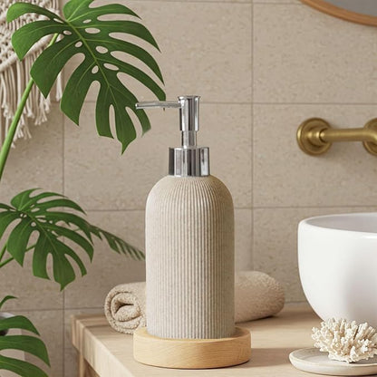 Lunestella Elegant Boho Beige Hand Soap Dispenser with Silver Pump, for Bathroom and Kitchen, Rust Proof, 7oz