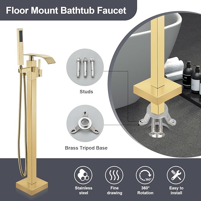 Senlesen Bathroom Tub Filler Faucet Floor Mounted Bathtub Shower Faucet Waterfall Spout Free Standing Tub Mixer Tap with Handheld Sprayer Gold Polished