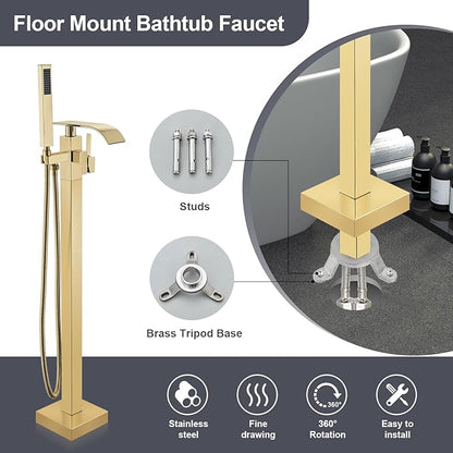 Senlesen Bathroom Tub Filler Faucet Floor Mounted Bathtub Shower Faucet Waterfall Spout Free Standing Tub Mixer Tap with Handheld Sprayer Gold Polished