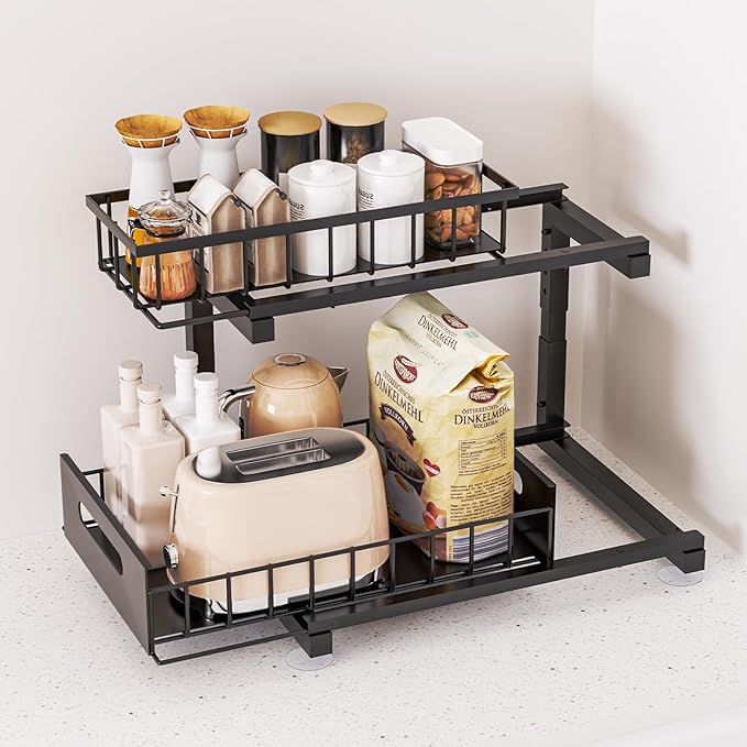 2 Pack Under Sink Organizer, Heavy Duty Metal Slide Out Sink Shelf Organizer Height Adjustable, Multi-Purpose Storage Shelf for Kitchen Bathroom (Black,2Pack)