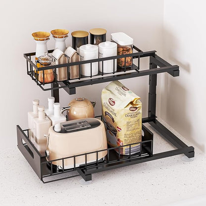 2 Pack Under Sink Organizer, Heavy Duty Metal Slide Out Sink Shelf Organizer Height Adjustable, Multi-Purpose Storage Shelf for Kitchen Bathroom (Black,2Pack)