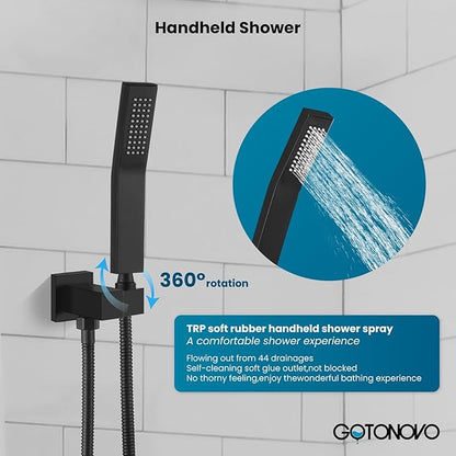 gotonovo Rainfall Bathroom Shower System Rain Shower Head and Handle Set Wall Mounted Shower Complete Combo Solid Brass Pressure Balancing Shower Mixer Valve 10 Inch Matte Black