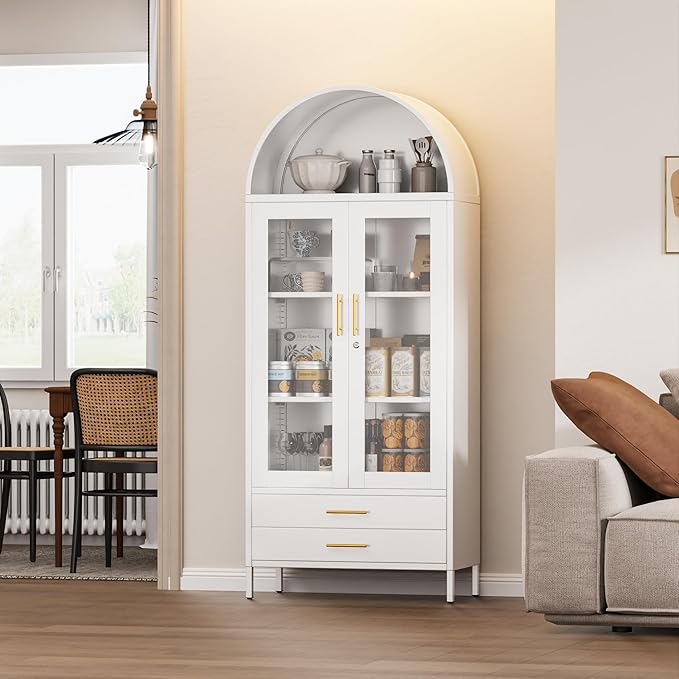 73''H Arched Kitchen Pantry Cabinets with 2 Drawers, Metal Arch Bookcase with Glass Door for Home Office, Assemble Require, White