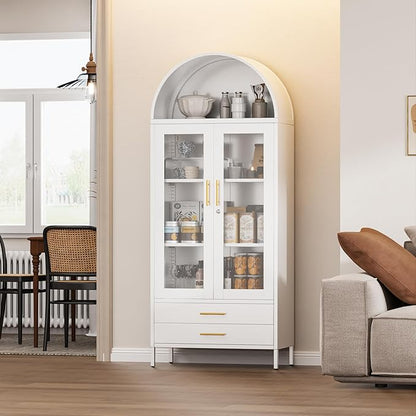 73''H Arched Kitchen Pantry Cabinets with 2 Drawers, Metal Arch Bookcase with Glass Door for Home Office, Assemble Require, White