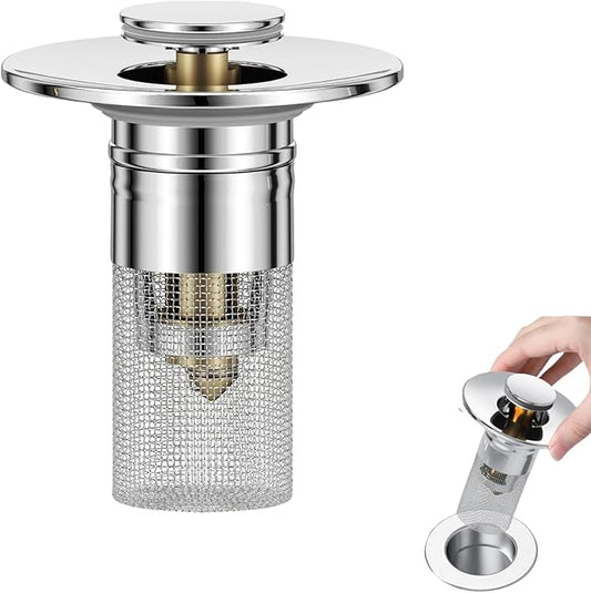 Bathroom Sink Stopper Hair Catcher, Pop-up Sink Drain Strainer with Removable 304 Stainless Steel Strainer Basket Hair Catcher, Bathroom Sink Strainer for Bathroom Sink Stopper Replacement