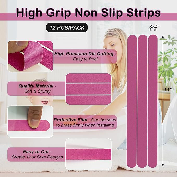 S&X Non-Slip Bathtub Shower Stickers 12-Pack Anti-Skid Strips, Waterproof Adhesive Safety Decals, Fine Grit Tread for Steps, Stairs, Pools, Boats, and Floors - Purple