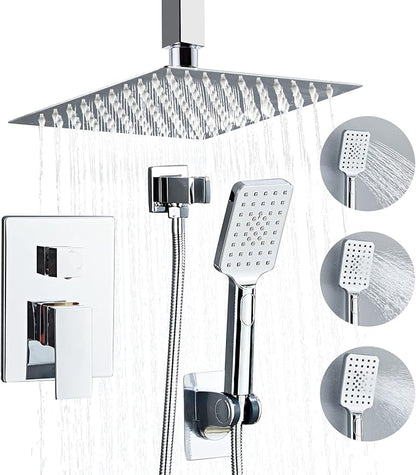 8 Inch Ceiling Mount Shower Faucet Set, Polish Chrome Rainfall Shower System, Square Rain Shower Head with Handheld Spray Combo Ceiling, Silver Rainfall Shower Faucet Fixtures (3-Setting)