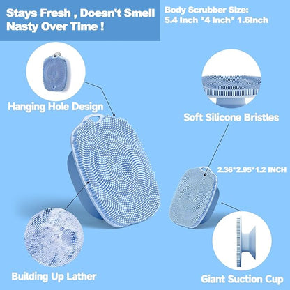Soft Silicone Body Scrubber Gentle Like a Hand Exfoliating Your Skin and Build Up Lather, Back Large Suction Cup Easy to Store, & Deep Clean (Body Scrubber + Face Scrubber Blue)