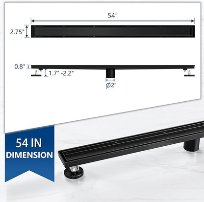 Neodrain 54-Inch Linear Shower Drain with Tile Insert Grate, Matte Black 304 Stainless Steel Rectangle Shower Floor Drain, Linear Drain with Leveling Feet, Hair Strainer