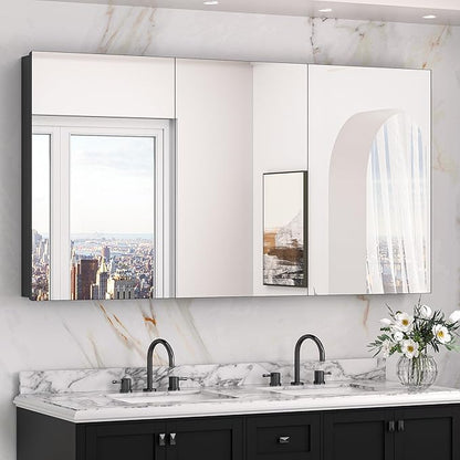 Keonjinn 60 x 32 Inch Medicine Cabinet, Assembly Required, Black Bathroom Medicine Cabinets Mirror, Lightweight, Adjustable Shelves, Surface Mount or Recessed, Tempered Glass