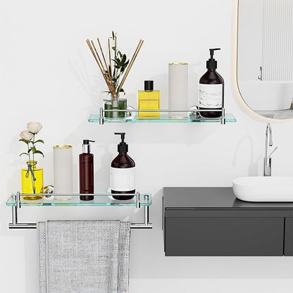 Glass Bathroom Shelves,Chrome Polished Floating Shelves for Wall Rectangular Modern Stainless Steel Glass Shelf for Bathroom Shelves Wall Mounted 16 Inch