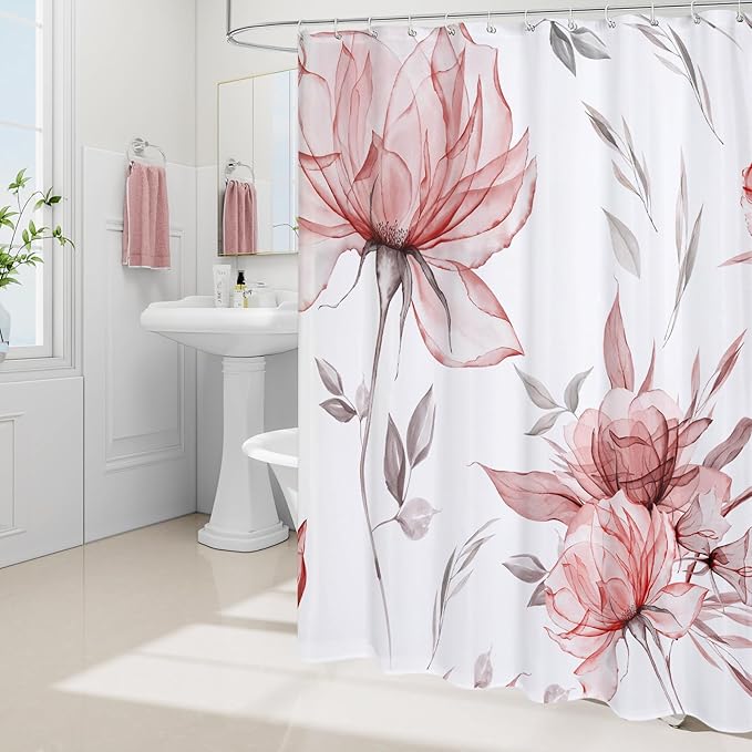 Small Stall Boho Watercolor Floral Shower Curtain 36 x 72, Red and Grey Ink Painting Style Flower Shower Curtains for Chic Elegant Bathroom, Artistic Narrow Half Size Shower Curtain