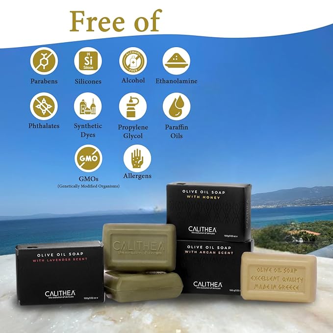 Calithea 3 Pack Olive OIil Based Soap Bars: Lavender, Argan Oil, and Honey Soap Bars