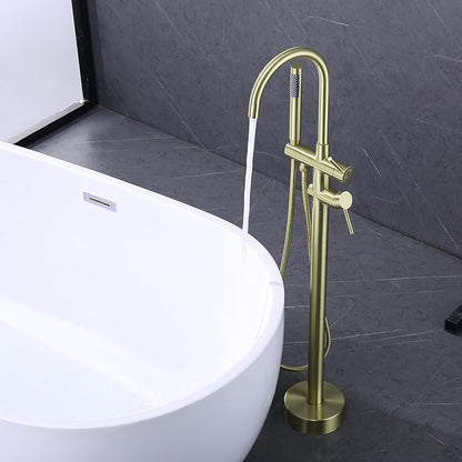 Freestanding Tub Faucet Floor Mount Tub Fillers, Senhozi Brushed Gold Free Standing Tub Faucets, Mixer Tap Two Handle Gold Freestanding Bathtub Faucet with Hand Shower, SE-3001-BG