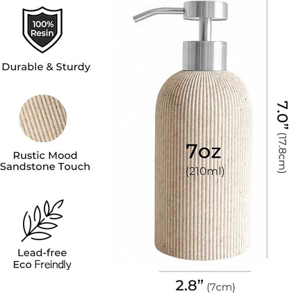 Lunestella Elegant Boho Beige Hand Soap Dispenser with Stainless Steel Pump, for Bathroom and Kitchen, Rust Proof, 7oz