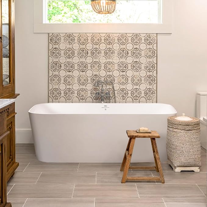 FerdY Maui 67" Acrylic Freestanding Bathtub, Contemporary Elegant Design Soaking Tub, Easy to Instal with Brushed Nickel Drain and Minimalist Linear Design Overflowl, 02563