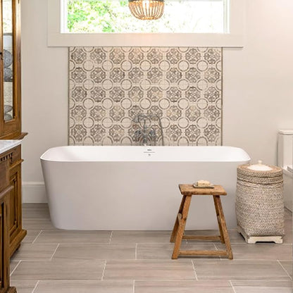FerdY Maui 67" Acrylic Freestanding Bathtub, Contemporary Elegant Design Soaking Tub, Easy to Instal with Brushed Nickel Drain and Minimalist Linear Design Overflowl, 02563