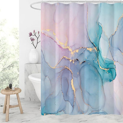 Gibelle Abstract Marble Shower Curtain, Watercolor Pink Turquoise Shower Curtain for Bathroom, Modern Ink Art Decor Waterproof Fabric Shower Curtain Set with Hooks, 71x71