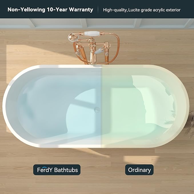 FerdY 67" Shangri-La Elite, Acrylic Freestanding Bathtub, Modern & Contemporary Design Soaking Tub with Brushed Nickel Pop-Up Drain and Minimalist Design Overflow, Glossy White, cUPC Certified
