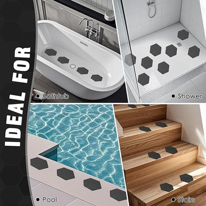 S&X 24 Pcs Shower Non Slip Stickers (Large 4.7" Hexagon), Modern Black Bathtub Non Slip Stickers, High Traction Grit Safety Decals for Tub Floor, Waterproof with Scraper