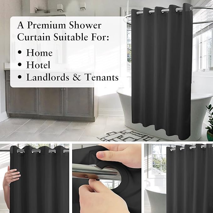River Dream No Hook Hotel Cloth Black Shower Curtain Microfiber Waterproof - Soft Fabric Shower Curtain or Liner Washable, Black, 71x74