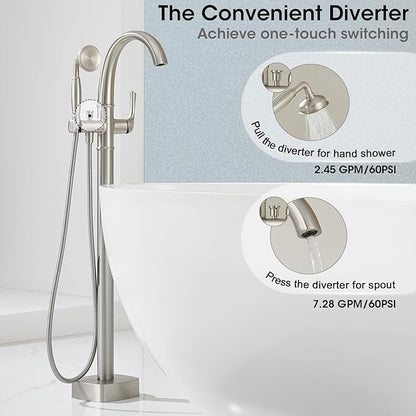 Free Standing Tub Faucet, Jabbol Luxury Freestanding Bathtub Faucet with Sprayer, Brass Bathroom Floor Mount Tub Filler, Brushed Nickel (JB-8811BN)
