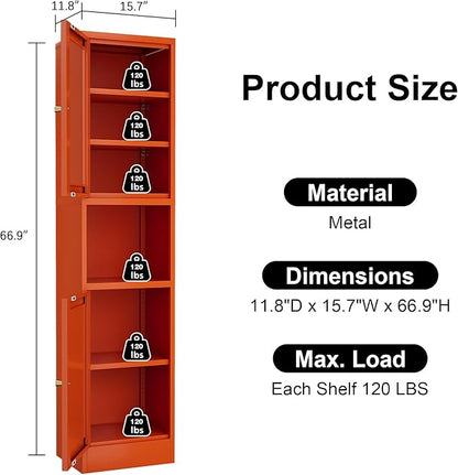 Metal Bathroom Storage Cabinet, Tall Narrow Cabinet with Glass Doors Ajustable Shelves Open Countertop, Slim Sideboard for Small Spaces, Living Room, Kicthen, Dining Room
