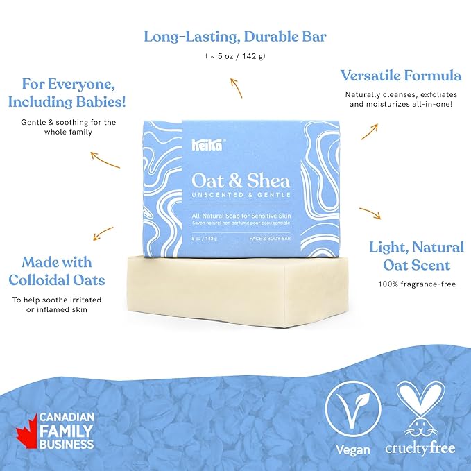 Keika Baby Soap Bar Oat & Shea Unscented for Eczema, Psoriasis, Face, Body, Infant Kids Teens Men Women with Sensitive Skin, 5 oz.