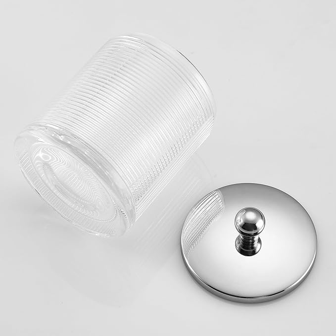 Clear Transparent Apothecary Ribbed Geometric Etched Glass Jar W/Silver/Chrome Metal Lid Cover for Bathroom Organization, Cotton Balls, Q Tips, and Small Accessories, Bathroom Storage