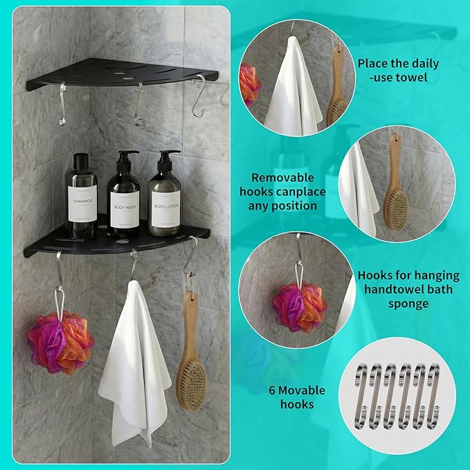 Shower Corner Shelf 304 Stainless Steel Shower Caddy 2 Tier Shower Organizer Niche with Extra 6 Hangers Shelves 40 lbs Large Capacity Shower Shelf for Inside Anti-Rust Drilling Installation(Black)