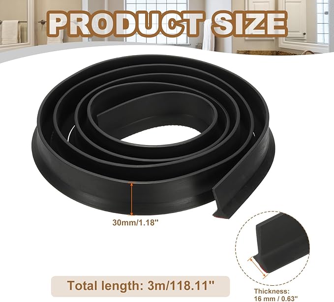 PATIKIL 118 Inch Collapsible Shower Threshold Water Dam Guard, Shower Stopper Barrier Self Adhesive Sink Splash Guards for Frameless Shower Door Bottom, Black (1.2"Wx0.6"T)