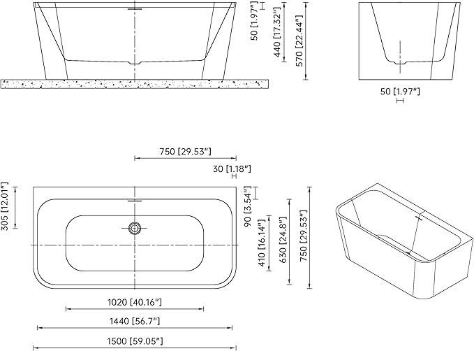 59" Acrylic Back-to-Wall Bathtub,Freestanding Bathtubs, Stand Alone Tub, Soaking Tubs for Bathroom, Integrated Overflow and Drain, cUPC Certified, Gloss White