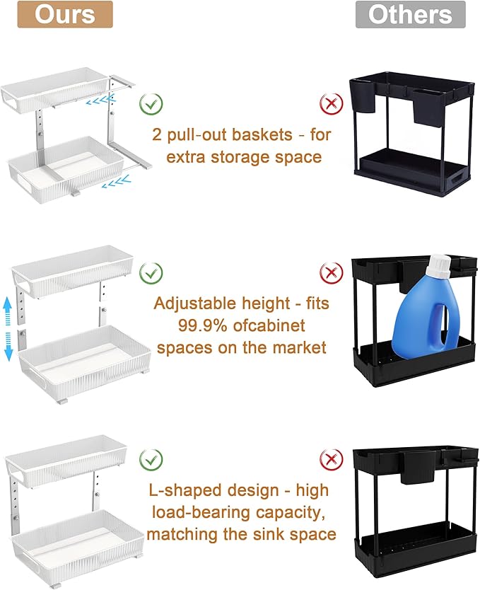 UMDONX Under Sink Organizer 2-Pack Adjustable Bathroom Under Sink Pull-Out Organizer with 5 Adjustable Heights for Kitchen, Bathroom & Laundry Storage