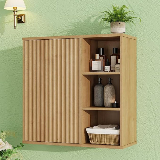 Fluted Bathroom Wall Cabinet, Small Medicine Wall Cabinet with Doors and Adjustable Shelves, Kitchen Wall Mounted Storage Cabinet, Floating Space Saver Over Toilet, Natural