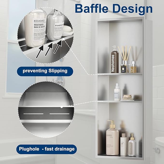 Neodrain 12X30 in Shower Niche, 3 Layers Brushed Wall Niche Stainless Steel Recessed Cubby NO Tile Needed Recessed Niche Shower for Bathroom Storage