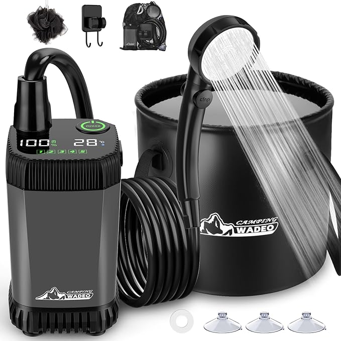 Upgraded Portable Shower for Camping, Rechargeable Camping Shower with LED Display, 5 Gal Collapsible Bucket, 5 Adjustable Speeds, IPX8 Waterproof Portable Shower Kit for Hiking, Car, Pet, Travel