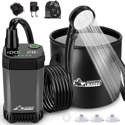 Upgraded Portable Shower for Camping, Rechargeable Camping Shower with LED Display, 5 Gal Collapsible Bucket, 5 Adjustable Speeds, IPX8 Waterproof Portable Shower Kit for Hiking, Car, Pet, Travel