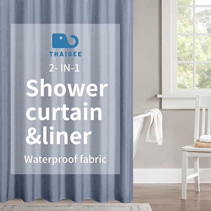 2-in-1 Waterproof Fabric Shower Curtain or Liner,Linen Textured,Breathable TPU & Washable Bathroom Shower Curtain Set with 12 Plastic Hooks,Modern,72"x72" Blue Gray