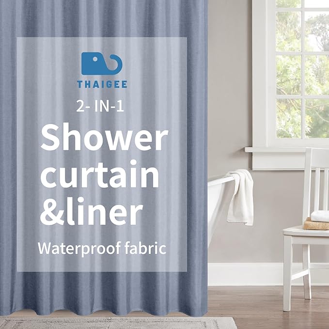 2-in-1 Waterproof Long Fabric Shower Curtain or Liner,Linen Textured,78 Inch Breathable TPU & Washable Bathroom Shower Curtain Set with 12 Plastic Hooks,Modern,72"x78" Blue Gray