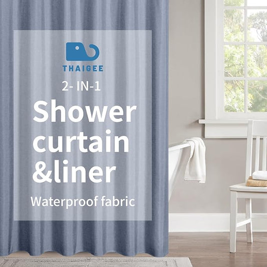 2-in-1 Waterproof Long Fabric Shower Curtain or Liner,Linen Textured,78 Inch Breathable TPU & Washable Bathroom Shower Curtain Set with 12 Plastic Hooks,Modern,72"x78" Blue Gray